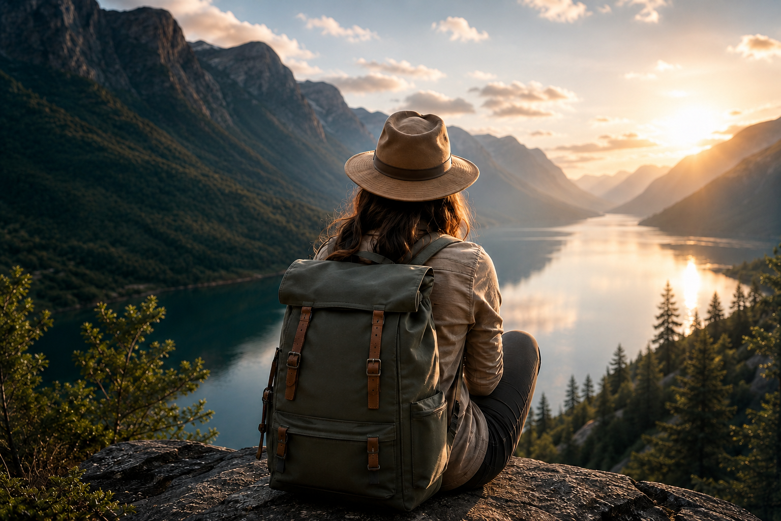 Voyager Léger smart travel backpack overlooking luxury mountain lake landscape